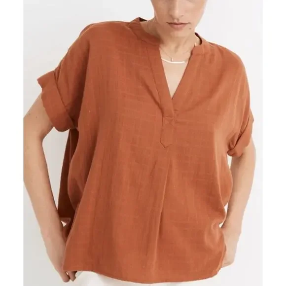 Madewell Lakeline Popover Shirt Textural Plaid Orange XS - Picture 1 of 4